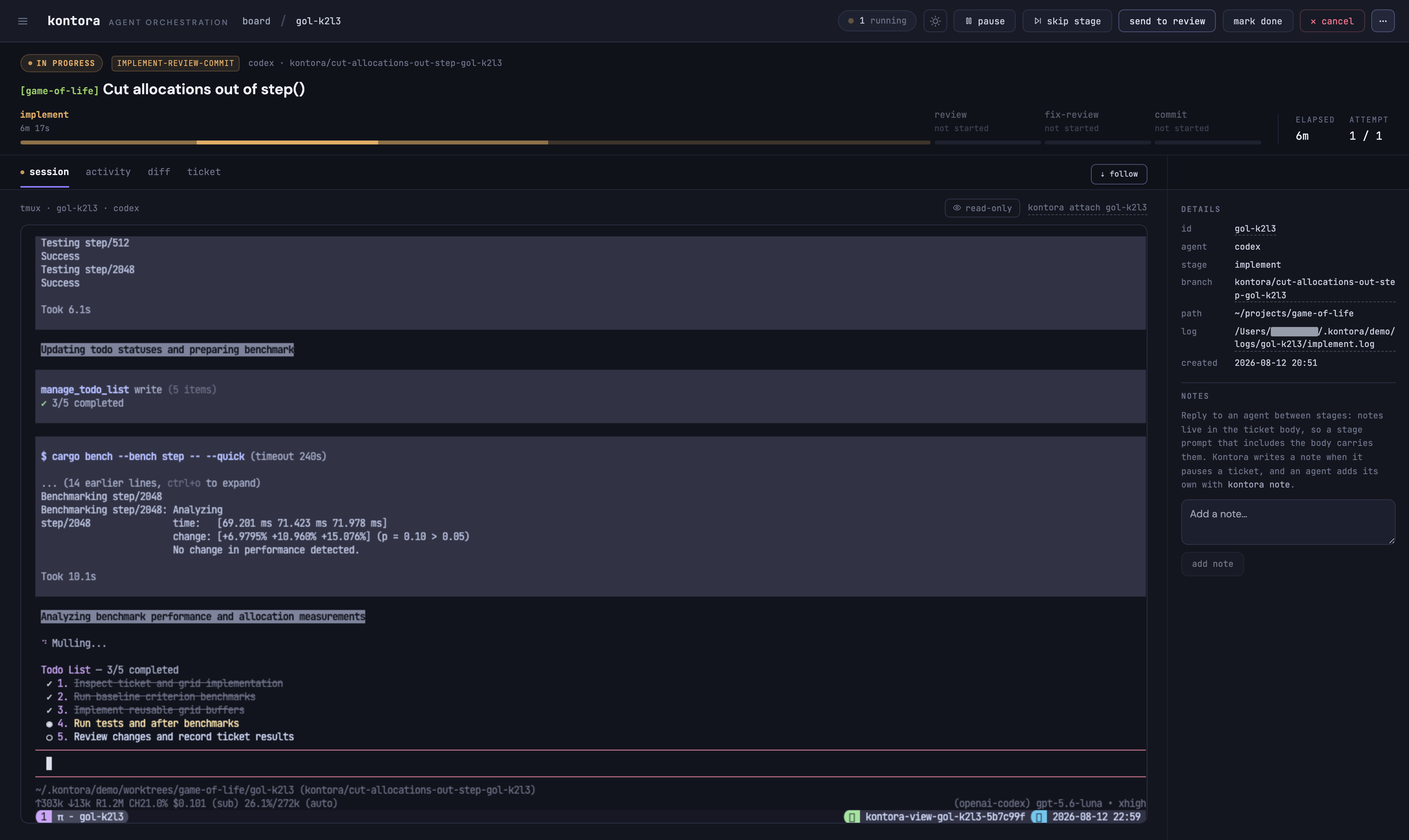 The Kontora dashboard with a ticket open on its terminal tab, showing live agent output