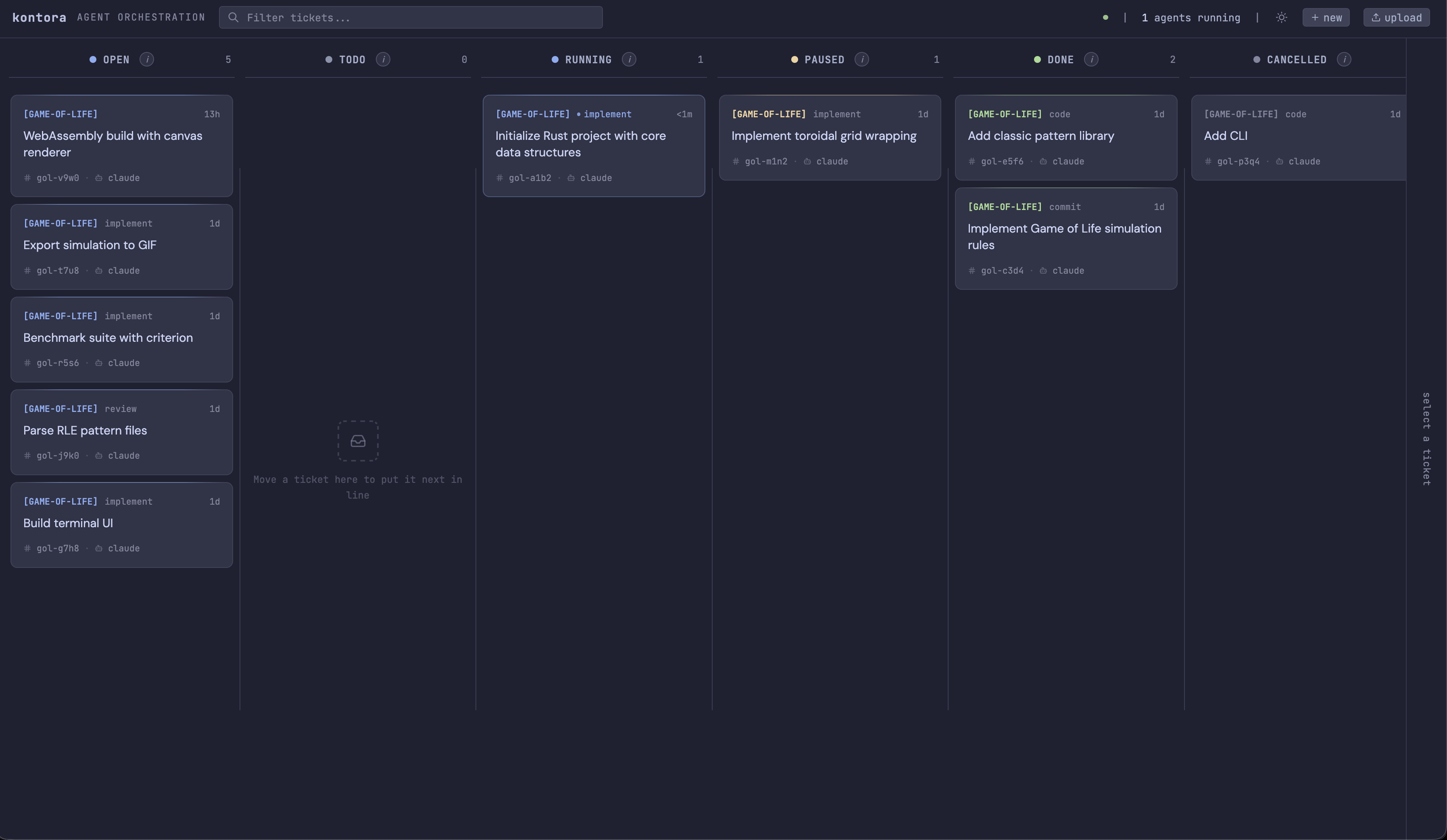 Kontora web dashboard showing kanban board with tickets